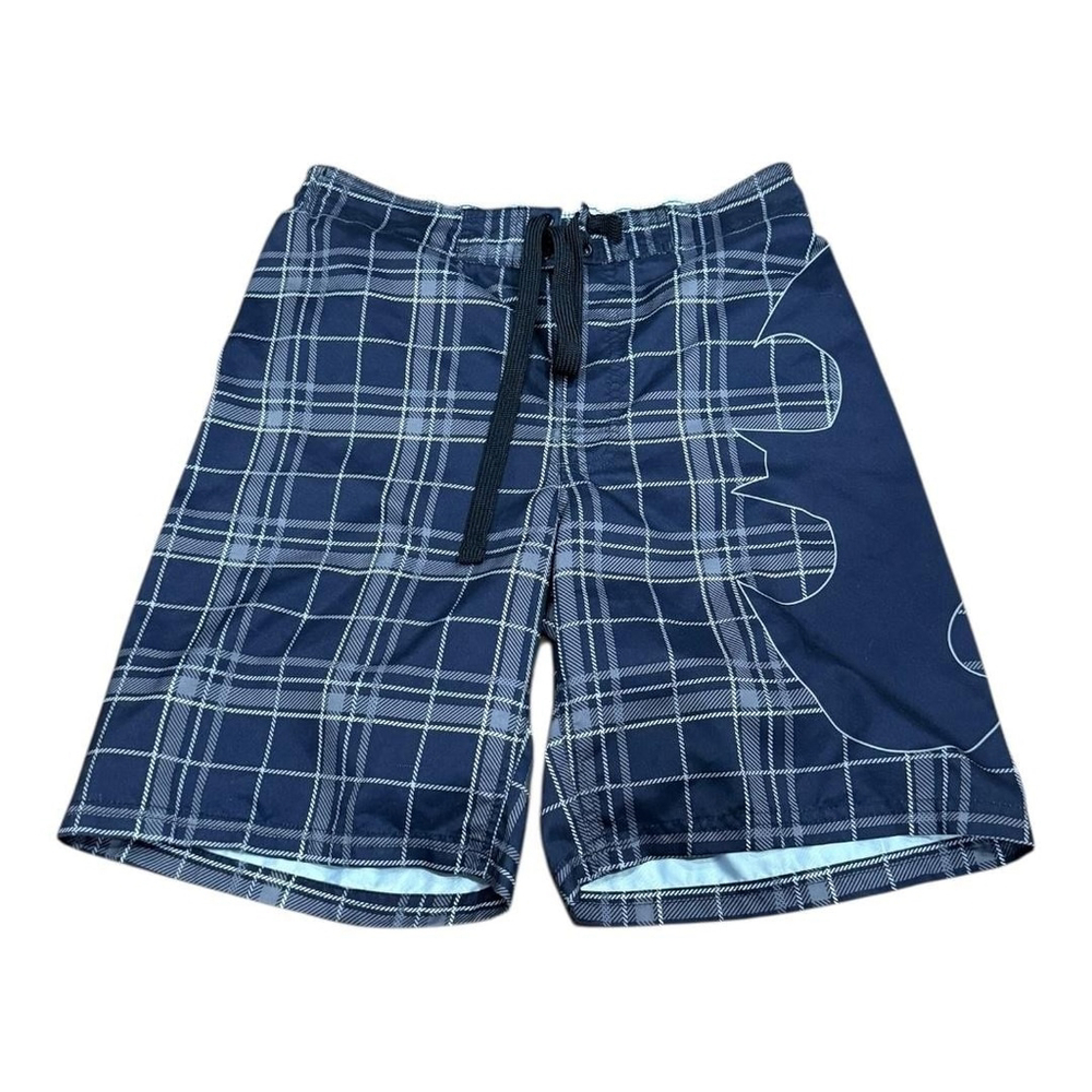 Batman Shorts Mens Small Blue Plaid Swim Trunks Board Shorts Drawstring Logo